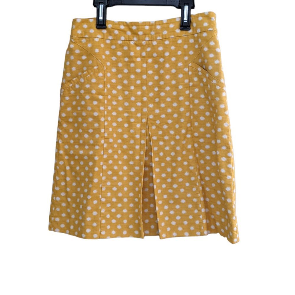 Boden Yellow & White Polka-Dot Knee Length Skirt with Single Front Pleat, Sz 6